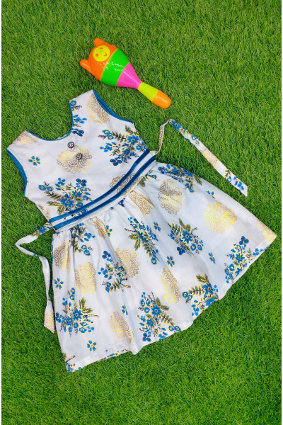 All Over Printed White Cotton Kids Dress (KR1707)